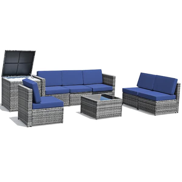 Costway 8-Piece Wicker Outdoor Sectional Set with Navy Cushions