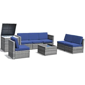 8-Piece Wicker Outdoor Sectional Set with Navy Cushions