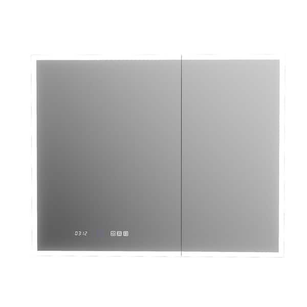 HHG 40 in. W x 32 in. H Rectangular Silver Aluminum Recessed/Surface Mount Medicine Cabinet with Mirror and LED