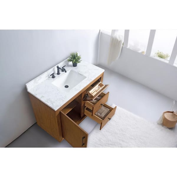 iKOU VA42WO Vienna 42 inch Engineered Stone Countertop Single Sink Bathroom Vanity with Power Bar and Drawer Organizer, White Oak at KBA Home Studio