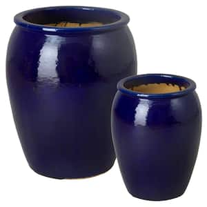 20 in. x 30 in. H, Blue Ceramic Tall Jar Planters S/2