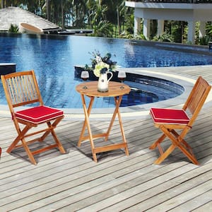 3-Piece Patio Folding Wooden Round Table Outdoor Bistro Set with Red Cushion