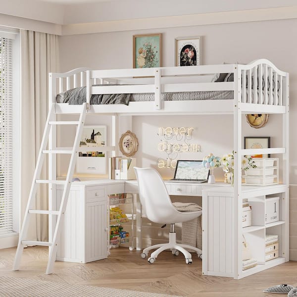 White Twin Size Wooden Loft Bed with Drawers, Cabinet, Shelves and Desk