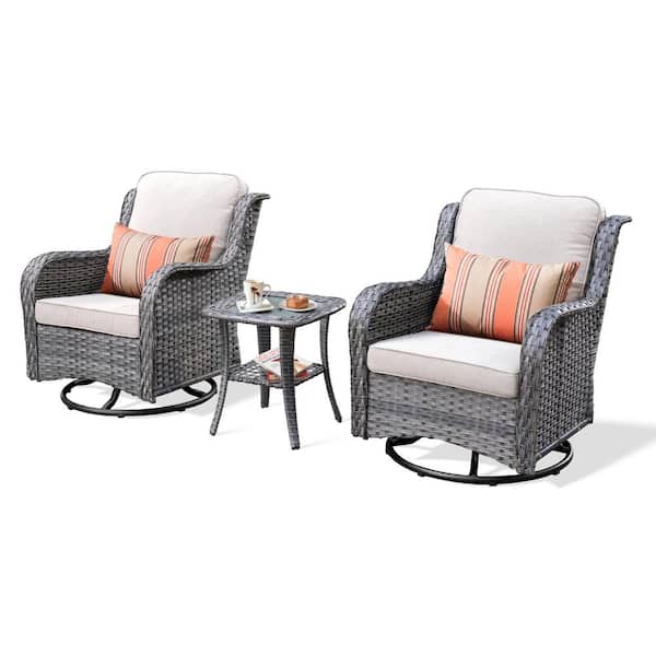 OVIOS Joyoung Gray 3-Piece Wicker Outdoor Patio Conversation Set with Beige Cushions and Swivel Rocking Chairs