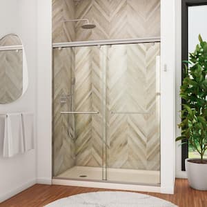 Charisma 34 in. x 60 in. x 78.75 in. Semi-Frameless Sliding Shower Door in Brushed Nickel with Left Drain Shower Base