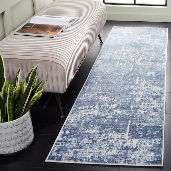 Amelia 2 ft. x 14 ft. Ivory/Steel Blue Abstract Distressed Runner Rug