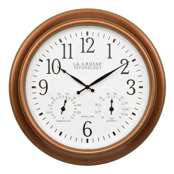 18 in. Indoor and Outdoor Copper Atomic Analog Wall Clock with Temperature and Humidity