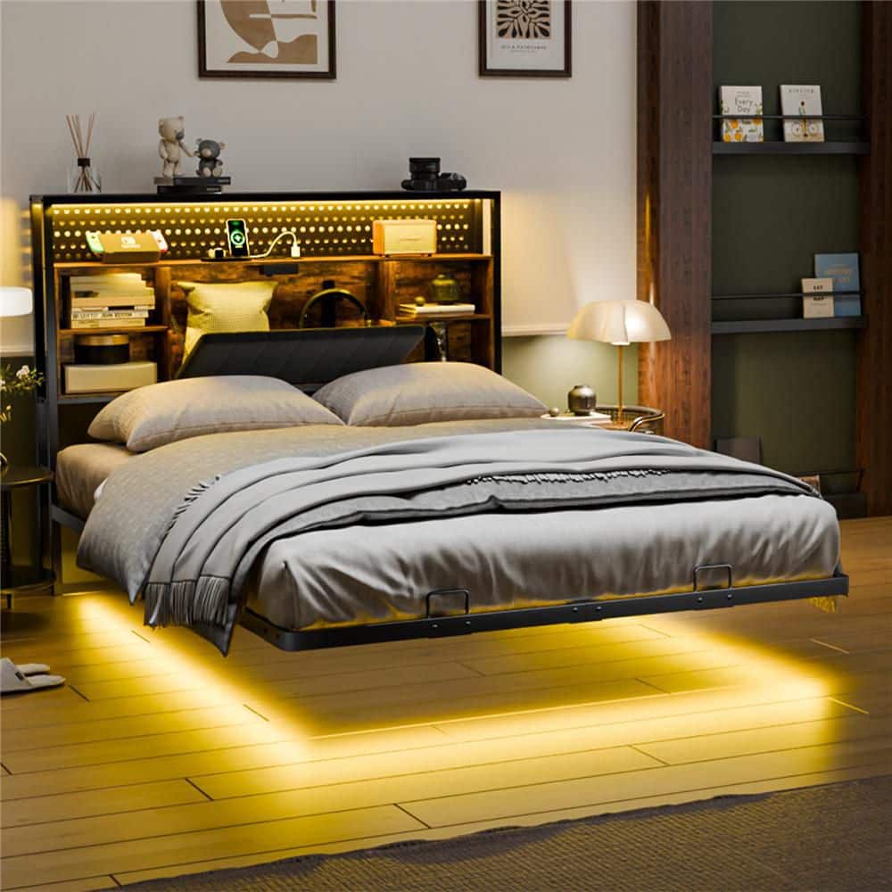 Multi-Colored Metal Frame King Size Platform Bed Floating Bed with LED Light and Charging Station Upholstered Headboard - thumbnail 10