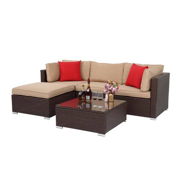 Karl home Wicker Outdoor Sectional Set with Beige Cushions