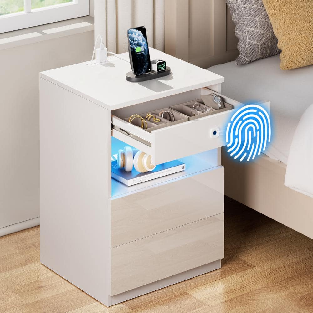 LEDライト付き ナイトテーブル 3段 ホワイト Hommpa Modern White 3-Drawer 17.72 in. W Nightstand with Charging