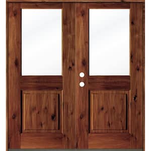 64 in. x 80 in. Rustic Knotty Alder Wood Clear Half-Lite Red Chestnut Stain Right Active Double Prehung Front Door