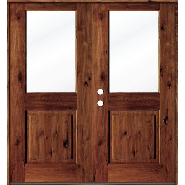 Krosswood Doors 64 in. x 80 in. Rustic Knotty Alder Wood Clear Half-Lite Red Chestnut Stain Right Active Double Prehung Front Door