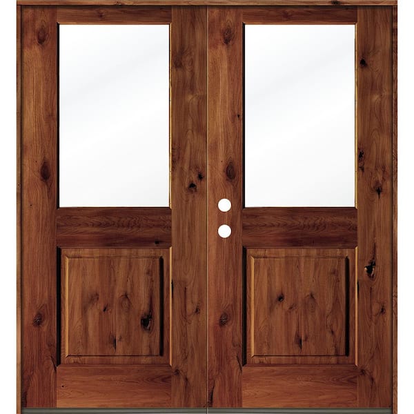 Krosswood Doors 72 in. x 80 in. Rustic Knotty Alder Wood Clear Half-Lite Red Chestnut Stain Right Active Double Prehung Front Door