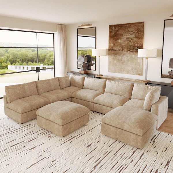 Sofa Covers Washable, 134 in. Square Arm 8-Piece Chenille Modular Sectional Sofa with Ottomans,Solid Wood Frame in Khaki