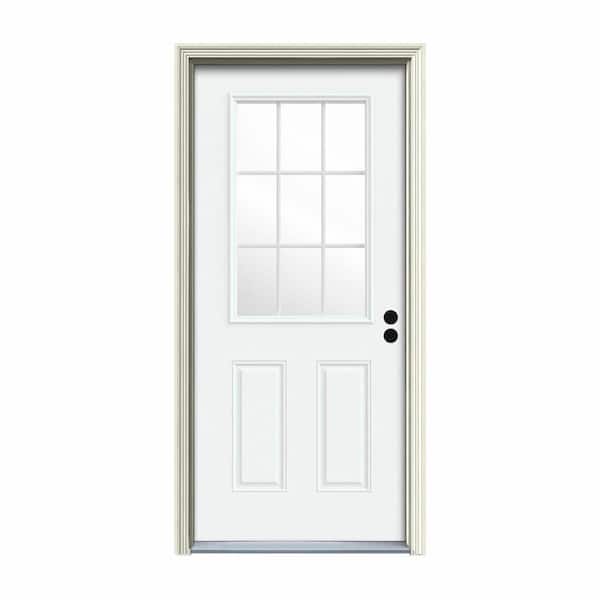 JELD-WEN 30 in. x 80 in. 9 Lite White Painted Steel Prehung Left-Hand Inswing Entry Door w/Brickmould