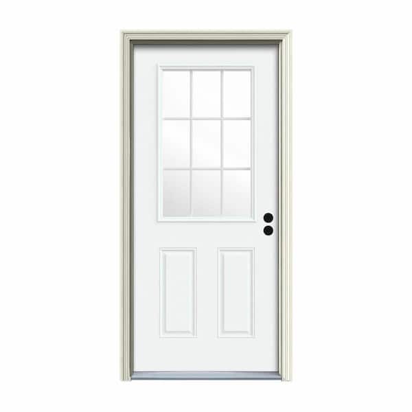 30 in. x 80 in. 9 Lite White Painted Steel Prehung Left-Hand Inswing Entry Door with Brickmould