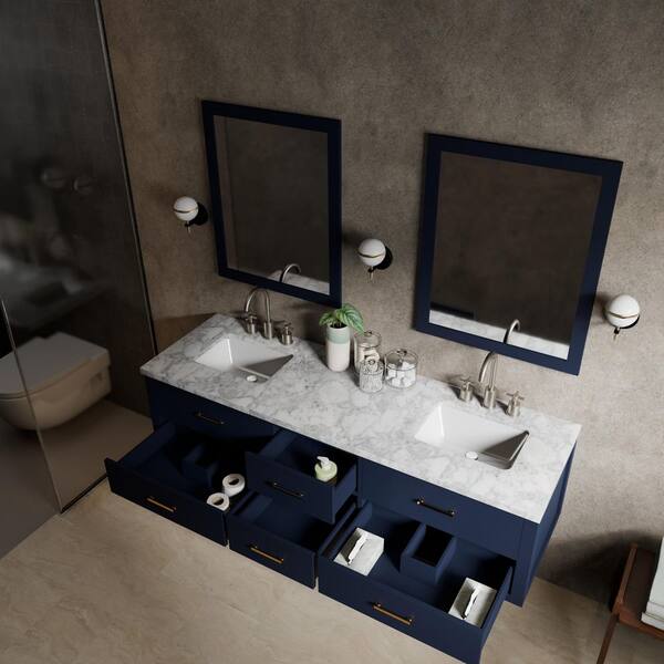 Lexora Sherman 72 in W x 22 in D Blue Double Bath Vanity, Carrara