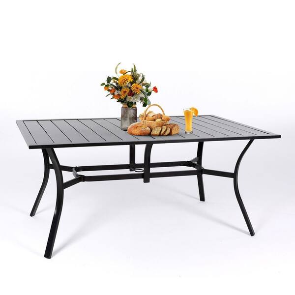 MEOOEM Metal 63 in. Outdoor Patio Dining Table for 6 with Umbrella Hole
