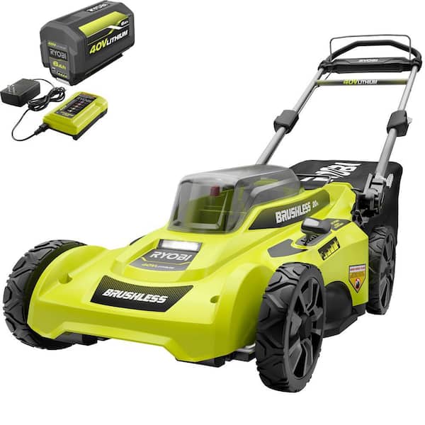 Image of Ryobi lawn mower with batteries