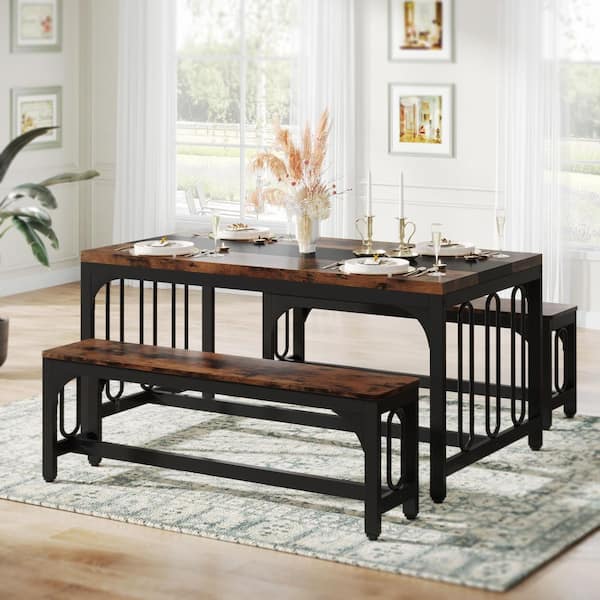 TRIBESIGNS WAY TO ORIGIN Halseey 3-piece Rectangular Brown Wood Top Dining Table Set for 4-6 Person with 2-Benches for Living Room Dining Room