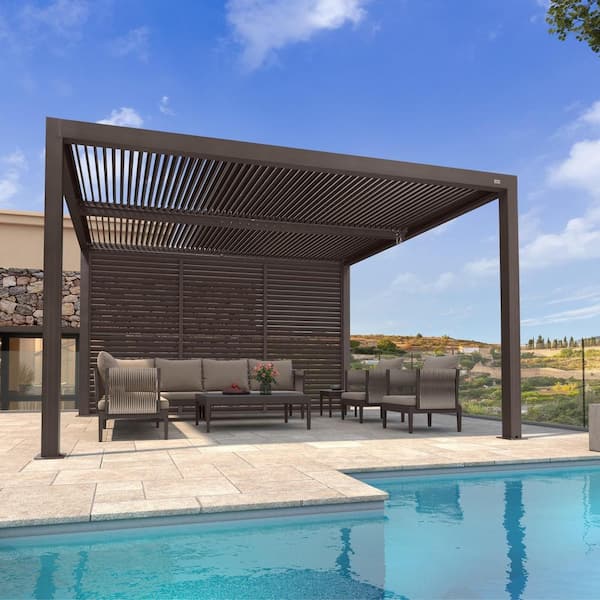 PURPLE LEAF 11 ft. x 13 ft. Bronze Aluminum Louvered Pergola with 2-Adjustable Sunshade Roofs and 1-Long Side Fixed Shutter Wall