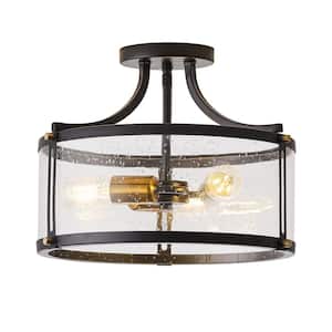 15.7 in. 3-Light Industrial Black Semi-Flush Mount Ceiling Light with Seeded Glass Shade