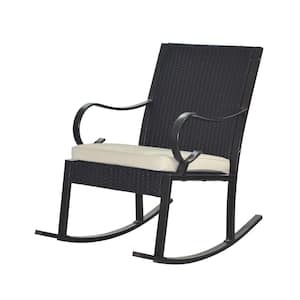Hank Dark Brown Faux Rattan Outdoor Patio Rocking Chair with Cream Cushion