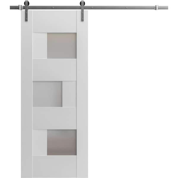 VDOMDOORS 32 in. x 80 in. 1 Panel Frosted Glass White Solid MDF Sliding Barn Door with Hardware Kit