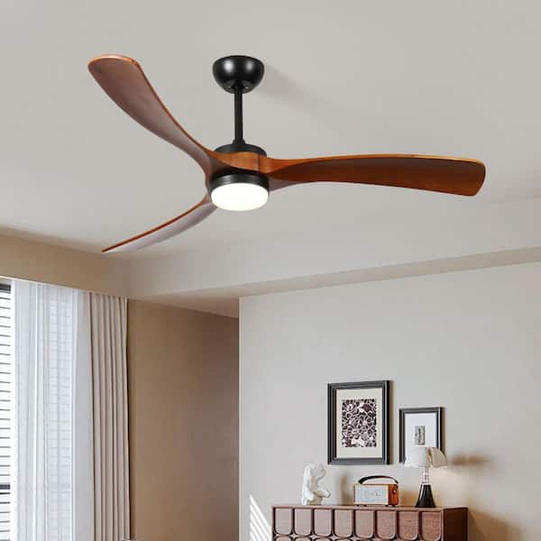 52 in. Walnut Ceiling Fan with 3 Solid Wood Blades, LED Light and Remote, Dimmable for Bedroom, Living Room