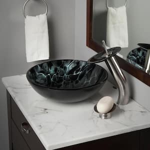 Tartaruga Black Glass Round Vessel Sink with Faucet and Drain in Brushed Nickel