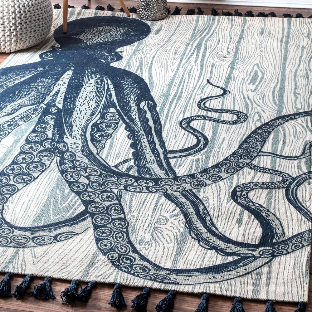 Ivory Cotton Flat-Woven Octopus Tassel Area Rug, 5' x 8'
