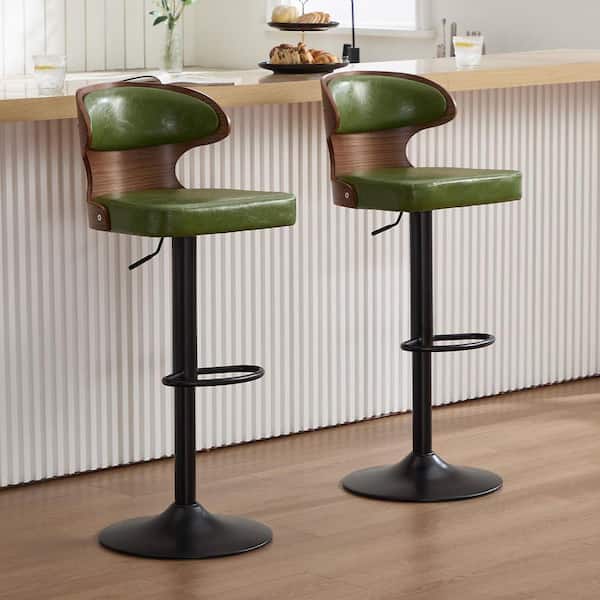 42.9 in. Mid-century Green Microsuede High Back Metal Base Bar Stool with Swivel and Height Adjustable Seat Set of 2