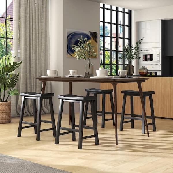 Costway 24 in. Black Wooden Saddle Bar Stools Counter Height Dining Chairs with Wooden Legs (Set of 2)