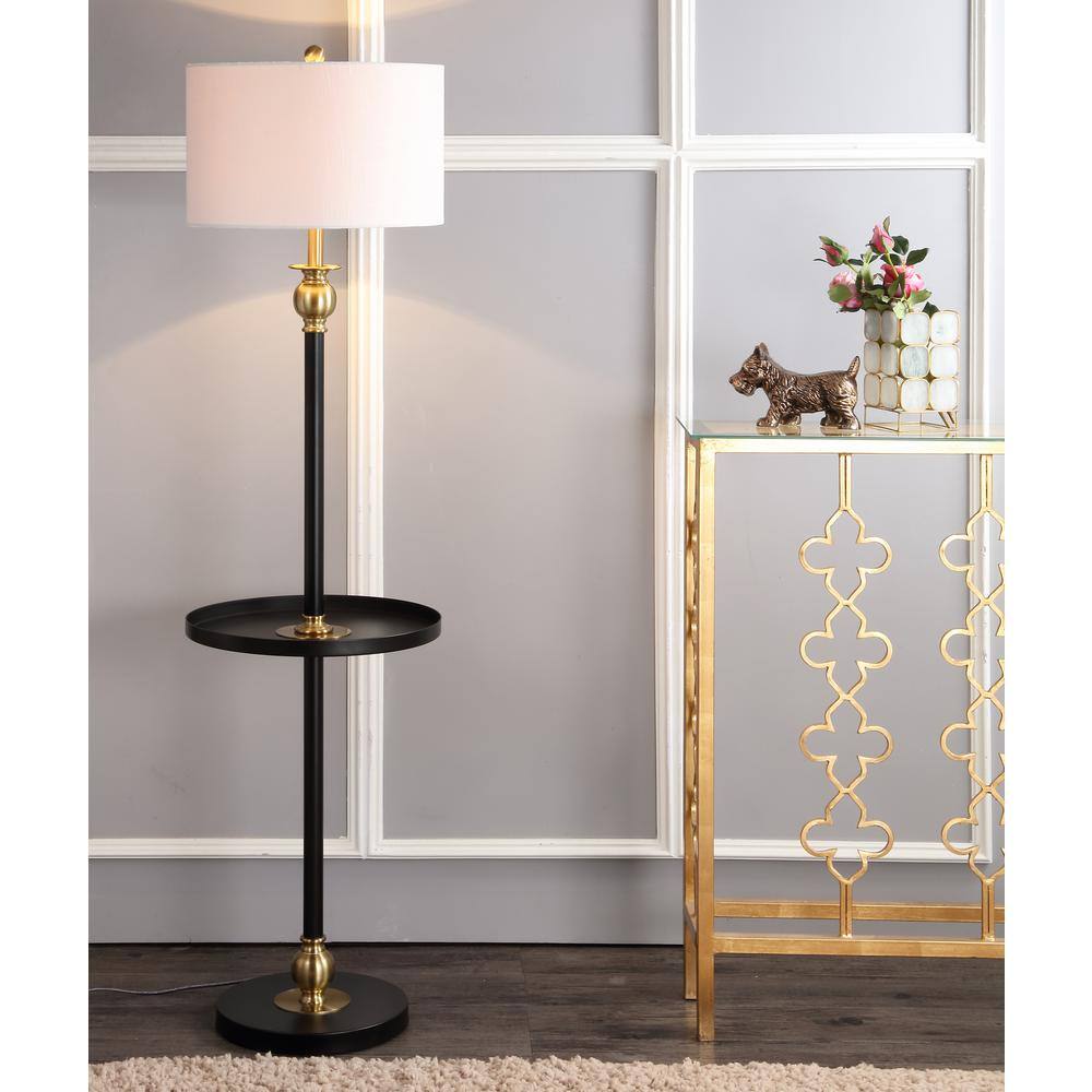 Elegant Arc 61" Black and Gold Metal End Table Floor Lamp with Linen Shade