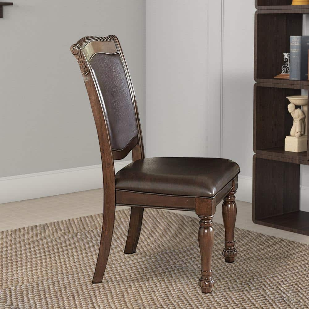 Cherry Brown & Dark Brown Faux Leather Upholstered Side Chair