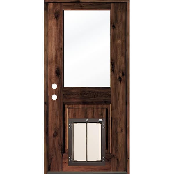 Krosswood Doors 36 in. x 80 in. Right-Hand 1/2 Lite Clear Glass Red Mahogany Stained Wood Prehung Door with Large Dog Door