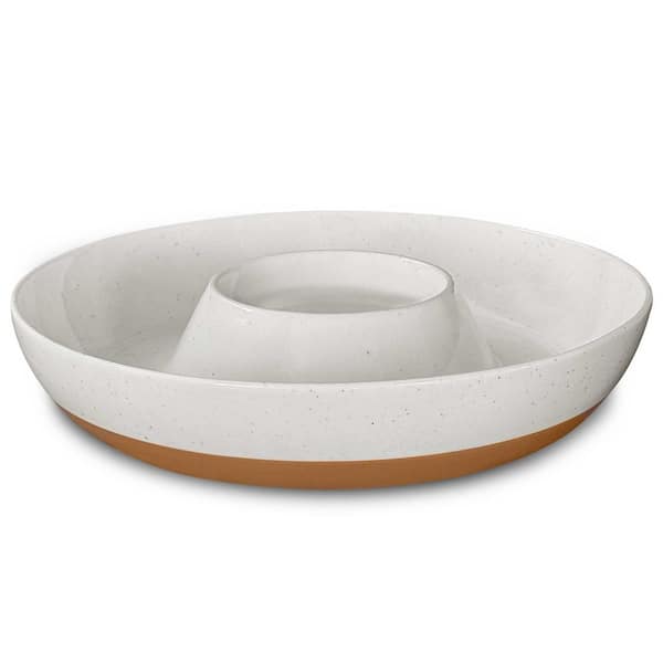 11 in. White Ceramic Chip and Dip Tray, Divided Serving Bowl Set for Snacks, Entertaining and Hosting with Modern Design