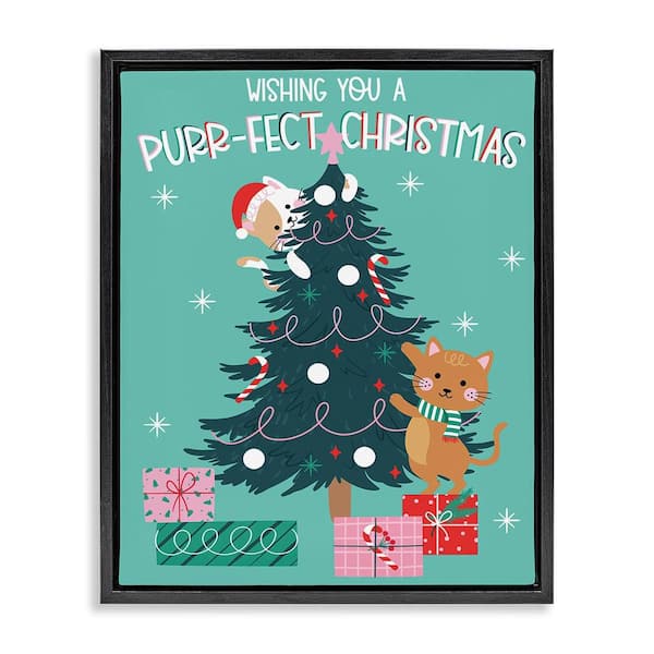 Purr-Fect Christmas Tree by Angela Nickeas 1-Piece Black Floater Frame Graphic Typography Art Print 21 in. x 17 in.