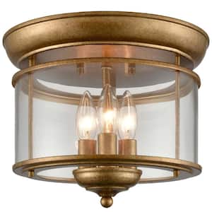 11.4 in. 3-Light Fixture Brass Finish Modern Flush Mount with Clear Glass Shade 1-Pack