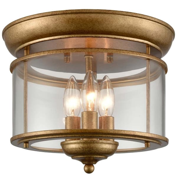 CLAXY 11.4 in. 3-Light Fixture Brass Finish Modern Flush Mount with Clear Glass Shade 1-Pack