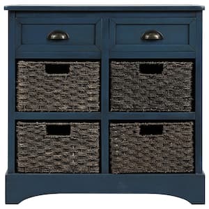Antique Navy Storage Cabinet Console Table with 2-Drawers and 4-Wicker Baskets for Home Entryway Living Room