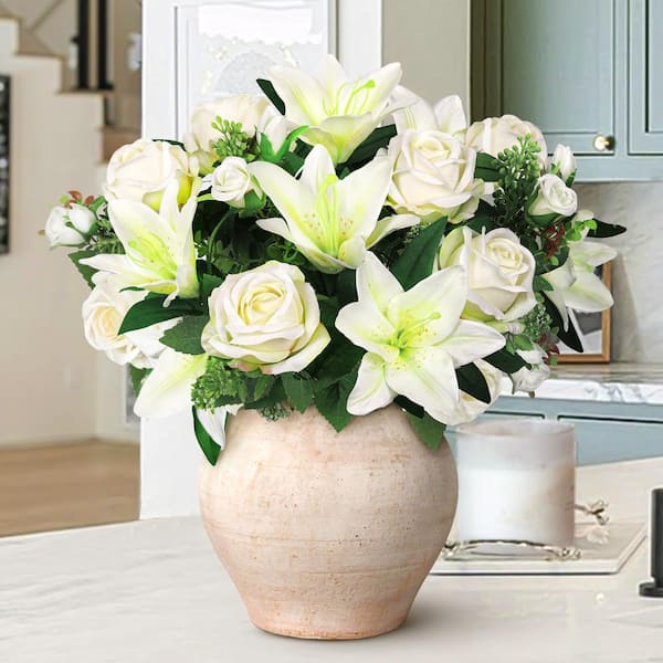 LIVING LUXURY 18 in. Cream White Artificial Mixed Rose Stargazer