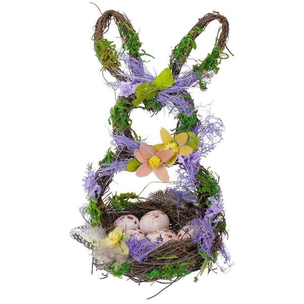 14.5" Purple and Green Artificial Floral Bunny Shaped Basket