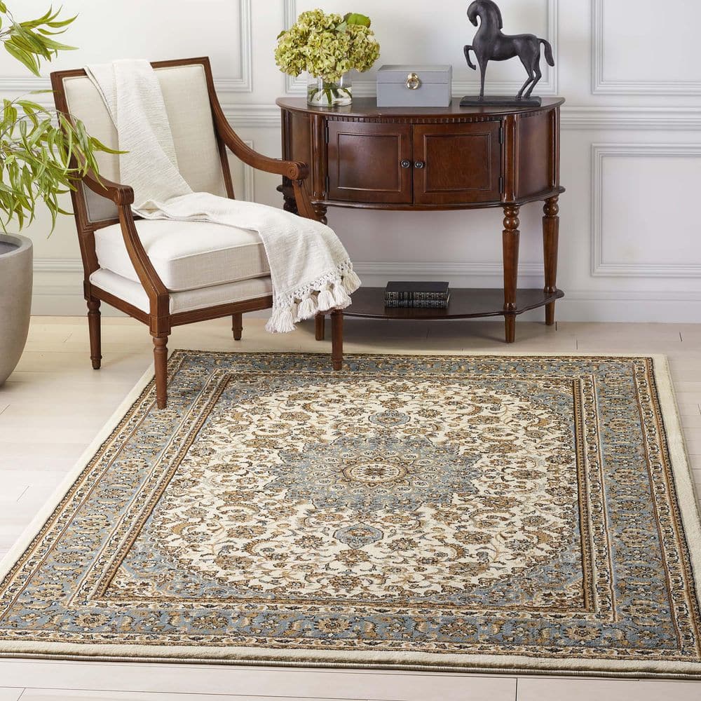 Ivory and Beige Medallion Synthetic Rectangular Rug
