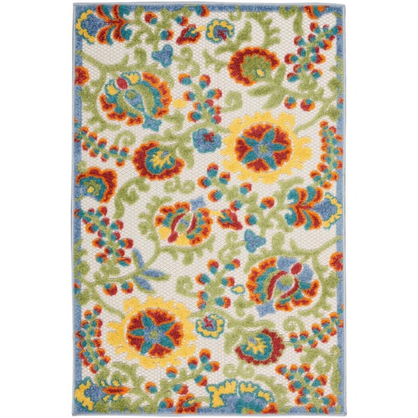 Nourison Aloha Ivory/Multicolor 3 ft. x 4 ft. Floral Contemporary Indoor/Outdoor Patio Kitchen Area Rug