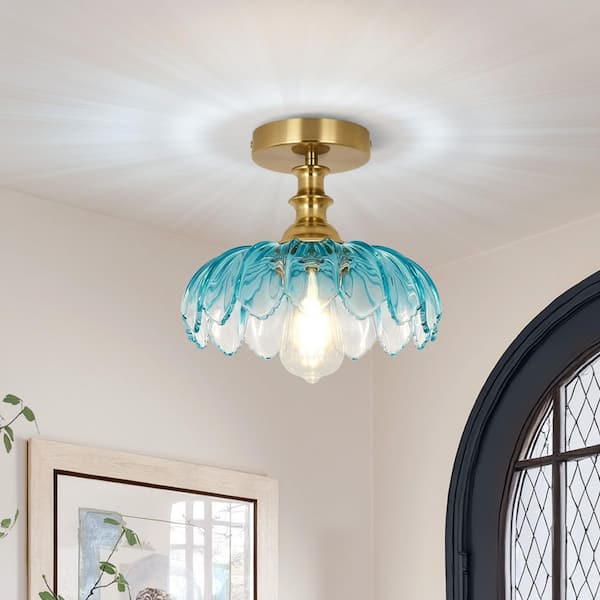 Essel 10.23 in. 1-Light Gradient Blue Mid-Century Semi-Flush Mount with Flower Glass Shade for Dining Room Foyer
