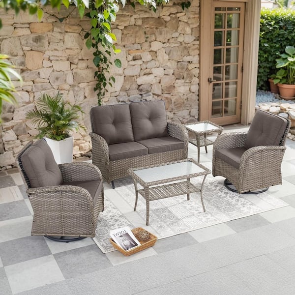 SleekArm 5-Piece Gray Wicker Patio Conversation Set with Olefin Gray Cushion/Glider Loveseat with Patio Swivel Chairs