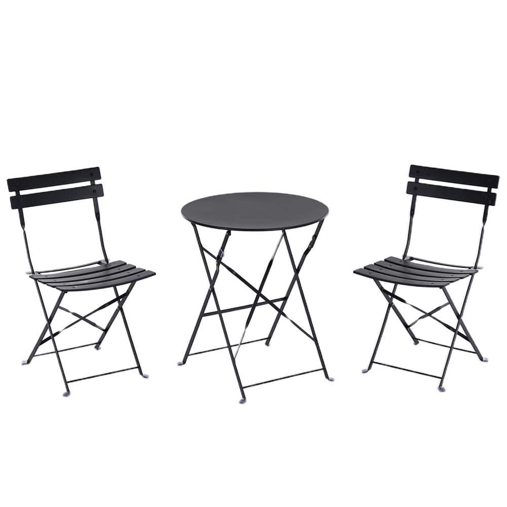 Black Folding 3-Piece Metal Outdoor Bistro Set for Patio and Yard