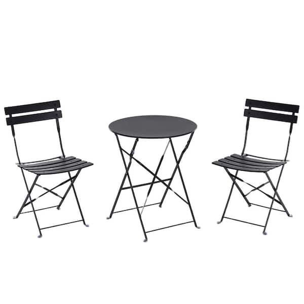 Black Folding 3-Piece Metal Outdoor Bistro Set for Patio and Yard ZQ ...