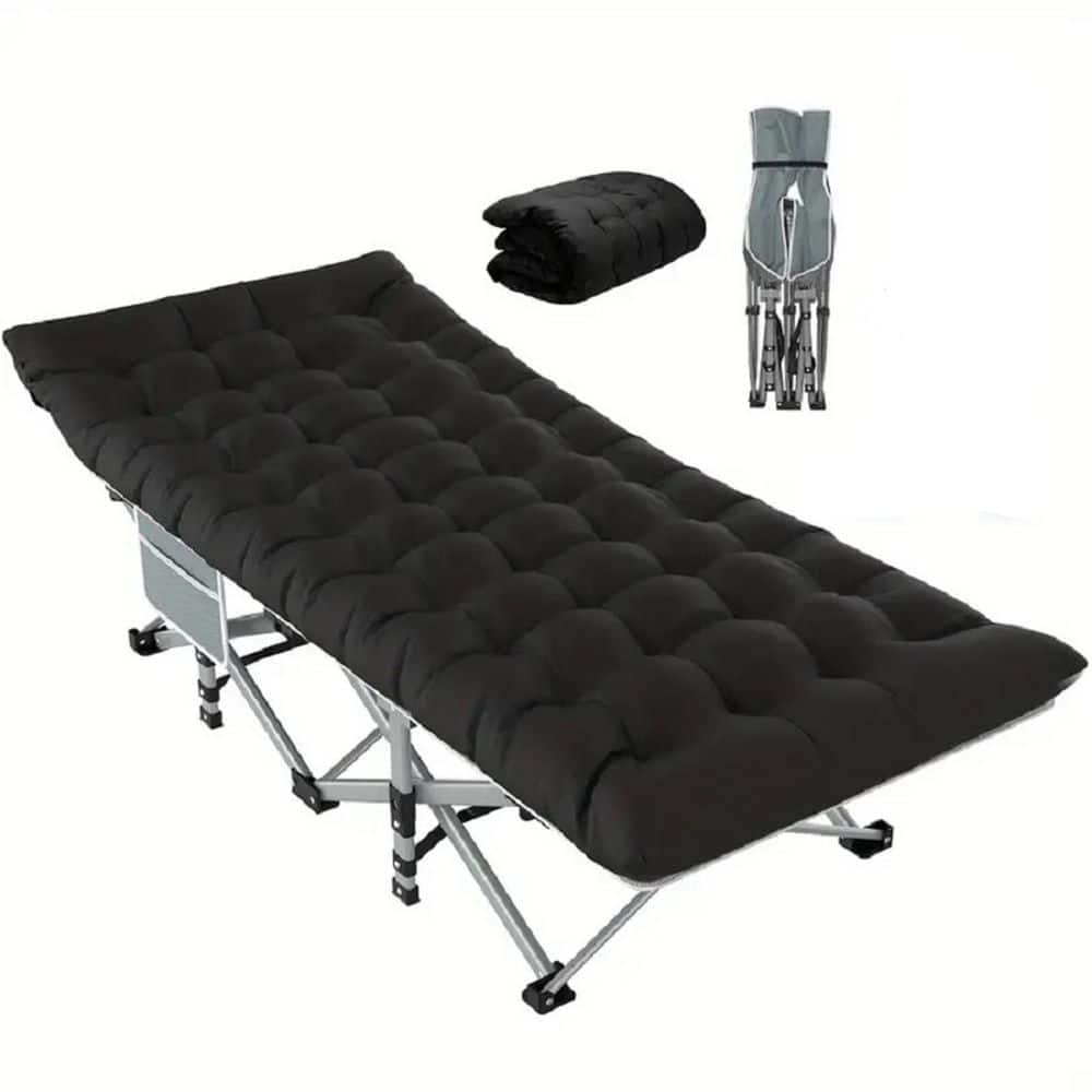 75 in. Black Aluminum Folding Camping Cot with Sponge Cushion